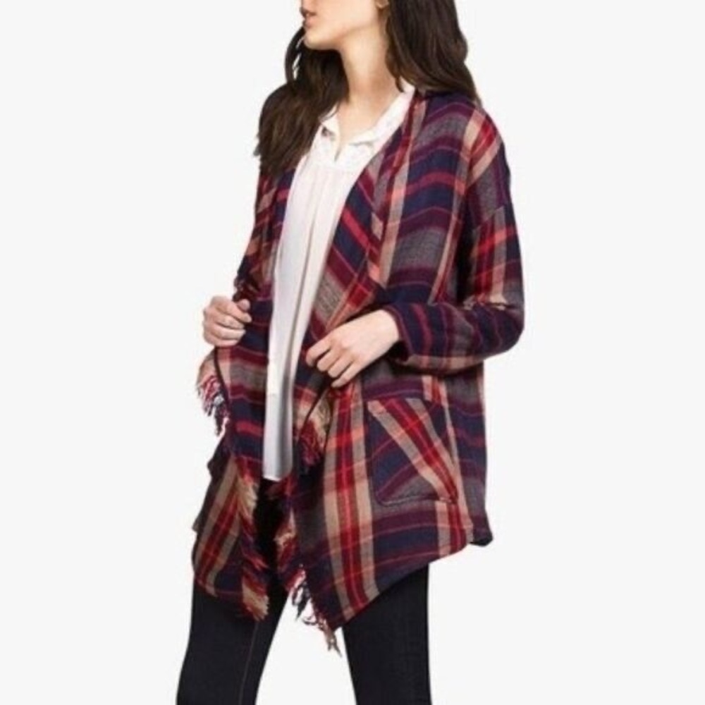 Lucky Brand Plaid Blanket Fringe Open Front Cardigan Jacket